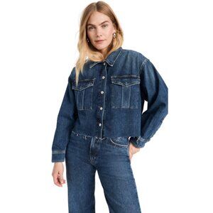 AGOLDE NYX Denim Jean Shirt Jacket Womens XL Dark Blue Long Sleeve Fringe Hem